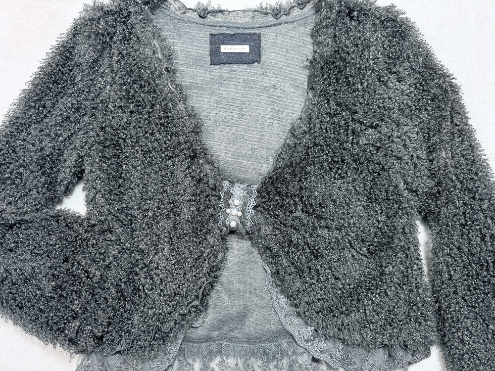 Axes Femme Boucle Knit Faux Pearl Lace Shrug Bolero Cardigan Gray Fairycore M